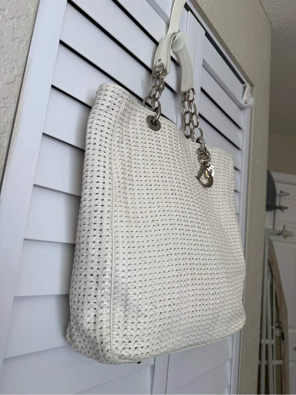 Authentic Christian Dior Woven Lambskin Soft Lady Dior Tote Bag, Silver Hardware